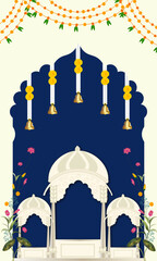  Traditional Indian Festive Background with Arch Frame, Tulsi Plant, Marigold Flower Garland, Green Botanical Elements, Hindu Puja Invitation Template, Wedding and Festival Celebration Design