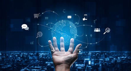 Visualization of global digital communication and online across multiple platforms, including global network, digital network, communication network, and online network. Vouch