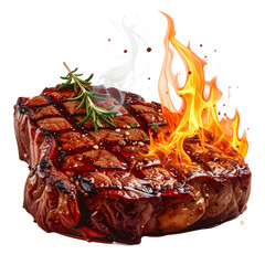 Juicy grilled steak with rosemary and flames for an appetizing culinary visual