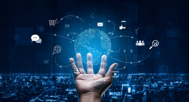 Visualization of global digital communication and online across multiple platforms, including global network, digital network, communication network, and online network. Vouch