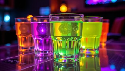 Vibrant glowing colorful drinks in clear glasses on a stylish bar table with neon lighting