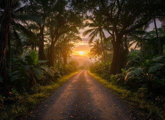 Pathway to Serenity: A sun-kissed path beckons, weaving through a lush, green landscape, beneath the canopy of towering trees, bathed in the warmth of a setting sun.
