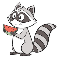 Cute cartoon raccoon enjoying a slice of watermelon isolated on white background