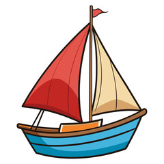 Cartoon sailboat with red and tan sails and a blue hull isolated on white background