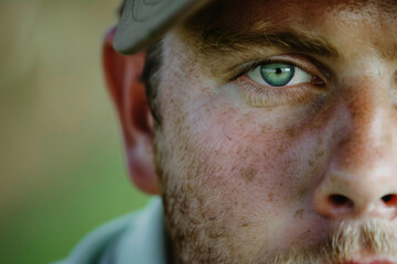 Focused male golfer wearing a cap with an intense expression on a bright summer day, professional golf player generative ai