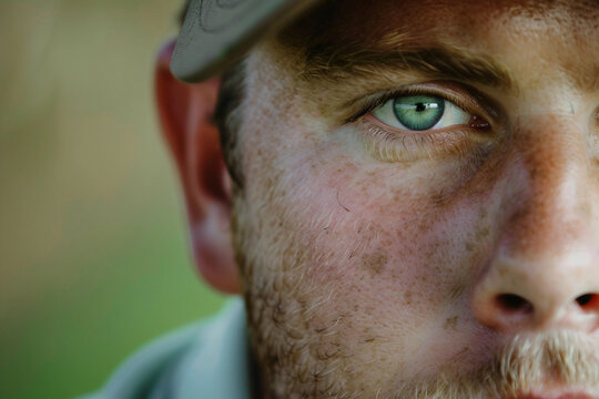 Focused male golfer wearing a cap with an intense expression on a bright summer day, professional golf player generative ai