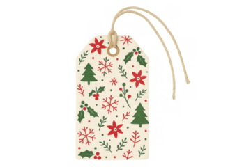 Christmas gift tag featuring a cheerful holiday pattern with trees, snowflakes, poinsettias, and holly on a transparent background