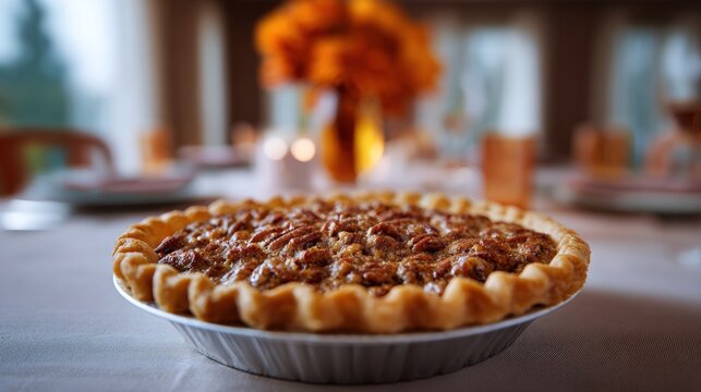 Freshly baked pecan pie in a white pie dish on a table. the pie has a golden brown crust and is filled with pecans.