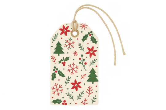 Christmas gift tag featuring a cheerful holiday pattern with trees, snowflakes, poinsettias, and holly on a transparent background