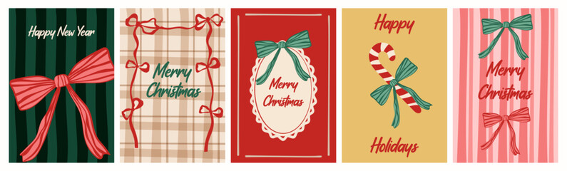 A collection of retro-style Christmas and New Year greeting cards featuring festive bows and candy canes on a variety of patterned backgrounds.