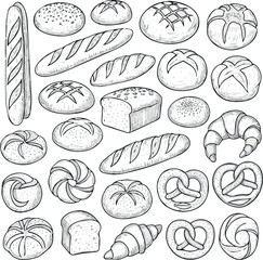 Make a kind of Hand drawn bakery and pastry set. Vector collections of bread, buns, croissant and other types of baked food. Sketch doodle style ink illustration.