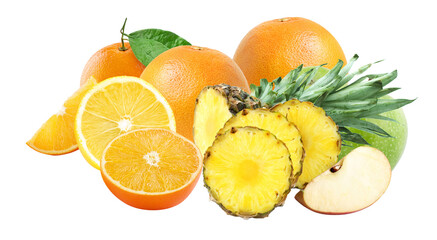 vibrant photograph of a healthy tropical fruit assortment including whole and sliced oranges, pineapple rings, grapefruit, and a green apple, isolated on black.