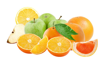 vibrant collection of fresh, whole and sliced fruits, featuring green apples, oranges, grapefruit, lemon, and pear, isolated on a transparent background.