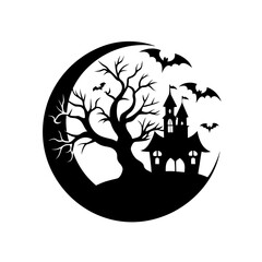 Spooky halloween silhouette of haunted house and bats on crescent moon