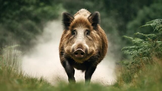 A wild boar charges forward, captured in a detailed shot amidst a forest, with dust billowing