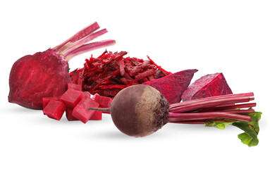 horizontal photograph composition of raw beetroot pieces, including whole roots, diced cubes, grated shreds, and large slices, isolated on a dark background.