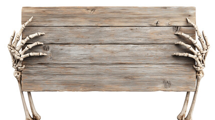 Wooden sign held by skeletal hands suitable for Halloween decoration and spooky themes Generative AI