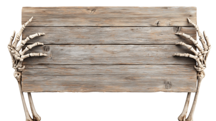Wooden sign held by skeletal hands suitable for Halloween decoration and spooky themes Generative AI