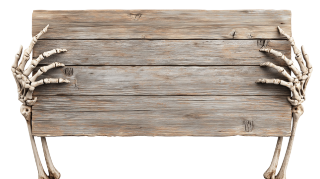 Wooden sign held by skeletal hands suitable for Halloween decoration and spooky themes Generative AI