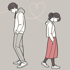 A couple with a heart between them stand facing away from each other. They seem sad and despondent, perhaps needing some creative keywords.

