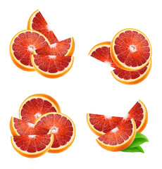 multiple artistic groupings of freshly sliced blood oranges, including halves and quarters, arranged against a solid transparent background for high contrast studio photography.