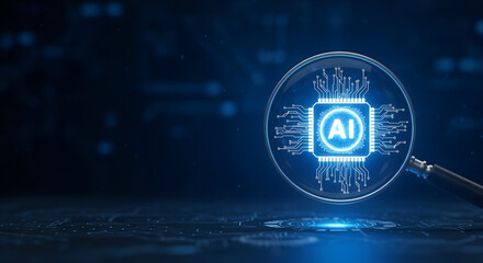 Magnifying glass highlighting glowing digital security lock symbol representing cybersecurity, data protection, and online privacy