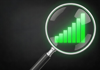 Magnifying glass focusing on green growth bars symbolizing business progress, financial success, data analytics, and positive performance