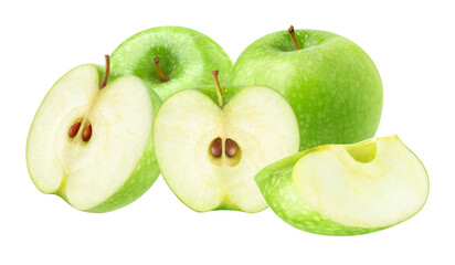 collection of vibrant green apples, featuring a mix of whole fruits, sliced halves, and thick segments, dynamically arranged against a pure transparent background.