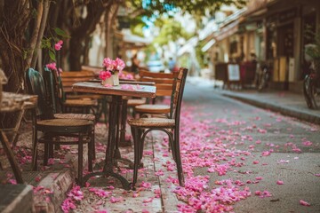 small street caf&eacute; with pink flower petals on pavement, soft afternoon mood 