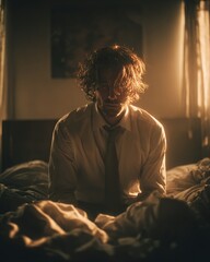 A confused businessman groggily waking up, disoriented, rumpled sheets, dim early morning light. Generative AI. 