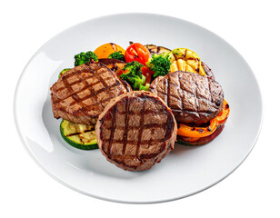 Photo of grilled beef patties with vegetables isolated on transparent background png