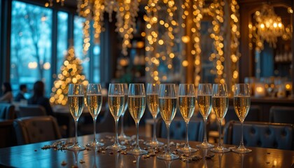 Elegant celebration scene with champagne glasses on a festive table, warm golden bokeh lights creating a cozy and luxurious holiday atmosphere