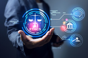 AI ethics concept with businessman holding a balance judgment represent to artificial intelligence...