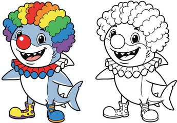 Smiling Cartoon Shark Clown with Colorful Wig  Funny Circus Character Coloring Page for Kids
