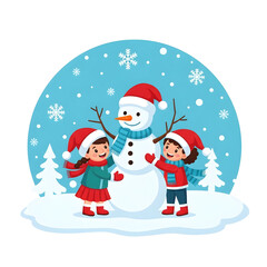 Children Building Snowman in Winter Snowfall with Friends