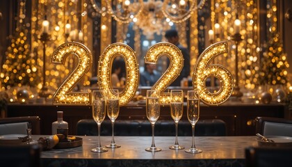 Elegant New Year 2026 celebration with golden lights, champagne glasses, and festive decorations creating a warm and luxurious atmosphere for the holiday season