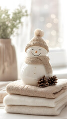 Obraz premium Cozy winter still life with a cute ceramic snowman and knitted textiles