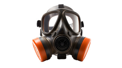 Isolated front view of a black gas mask with orange filters on a plain white background surface