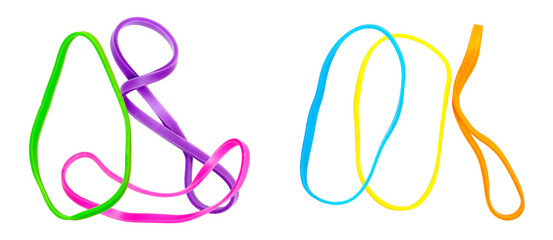 detailed photograph showing groups of brightly colored elastic rubber bands tightly intertwined and knotted together against a stark black studio background.