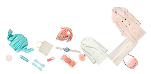 dynamic scatter composition featuring diverse spring fashion items and beauty essentials, including outerwear, accessories, and cosmetics, isolated on a solid transparent background.