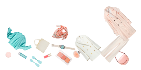 dynamic scatter composition featuring diverse spring fashion items and beauty essentials, including outerwear, accessories, and cosmetics, isolated on a solid transparent background.