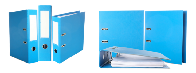 professional photograph of three large blue lever arch ring binders, one slightly open revealing white documents, isolated on a clean black backdrop.