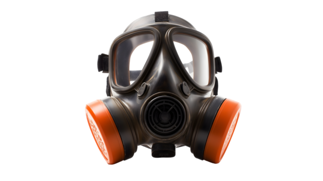 Isolated front view of a black gas mask with orange filters on a plain white background surface