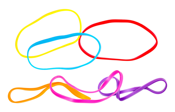 vivid studio photograph of multiple elastic rubber bands in bright, saturated colors arranged loosely and overlapping against a deep transparent background. - Powered by Adobe