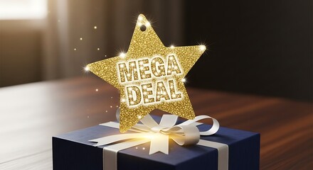 A sparkling golden star with "MEGA DEAL" written on it rests atop a gift-wrapped present, signifying a special offer.