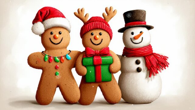 Festive gingerbread characters with vibrant decorations and a cheerful snowman, showcasing a joyful holiday scene, camera pans to capture the delightful atmosphere and playful expressions