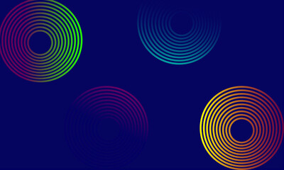 Colorful gradient circular rings on dark blue. Vibrant abstract background with multicolored concentric circles and glowing radiance for modern design concepts.