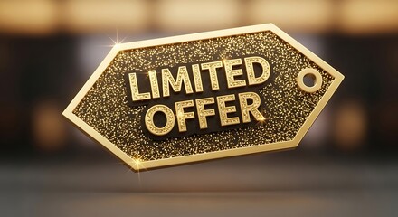 A glittering golden tag with the words 'LIMITED OFFER' embossed in textured letters symbolizes an exclusive promotion.