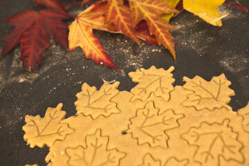 Shortcrust pastry being cut into autumn leaf shapes on a floured dark surface, surrounded by colorful fall leaves — cozy seasonal cookie preparation and festive baking process.