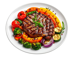 Photo of grilled steak with vegetables isolated on transparent background png